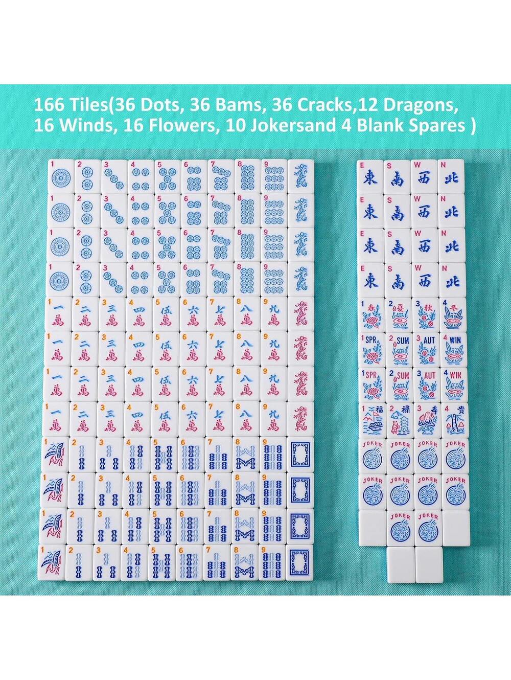 American Mahjong Tiles Set - 166pcs Blue Melamine Tiles, 1.2” Standard Size - Picture 4 of 11